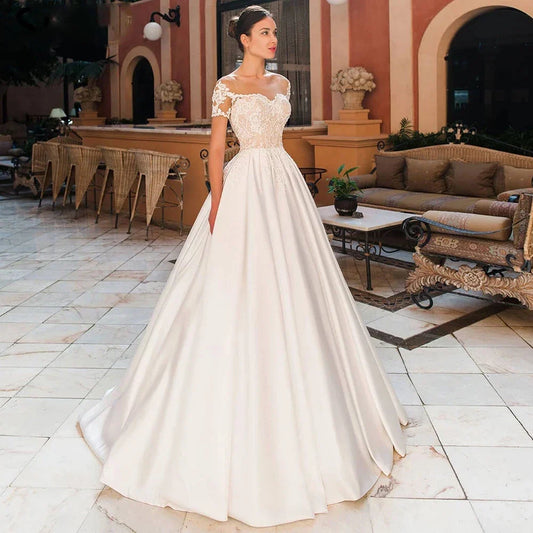 Satin A-Line Decal Wedding Dresses Women's Sweetheart Off Shoulder Button Backless Robe De Marée Lace Bridal Gowns With Pockets-payinti