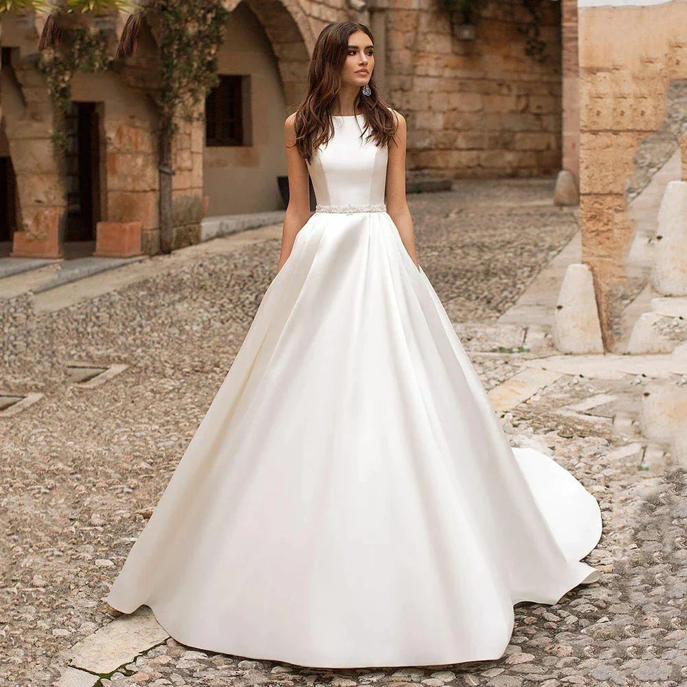 Satin Princess Wedding Dresses Scoop Neck Pockets Bride Gowns Buttons Country White Robe Plus Size 2023 Vestidos De Novia платье-payinti