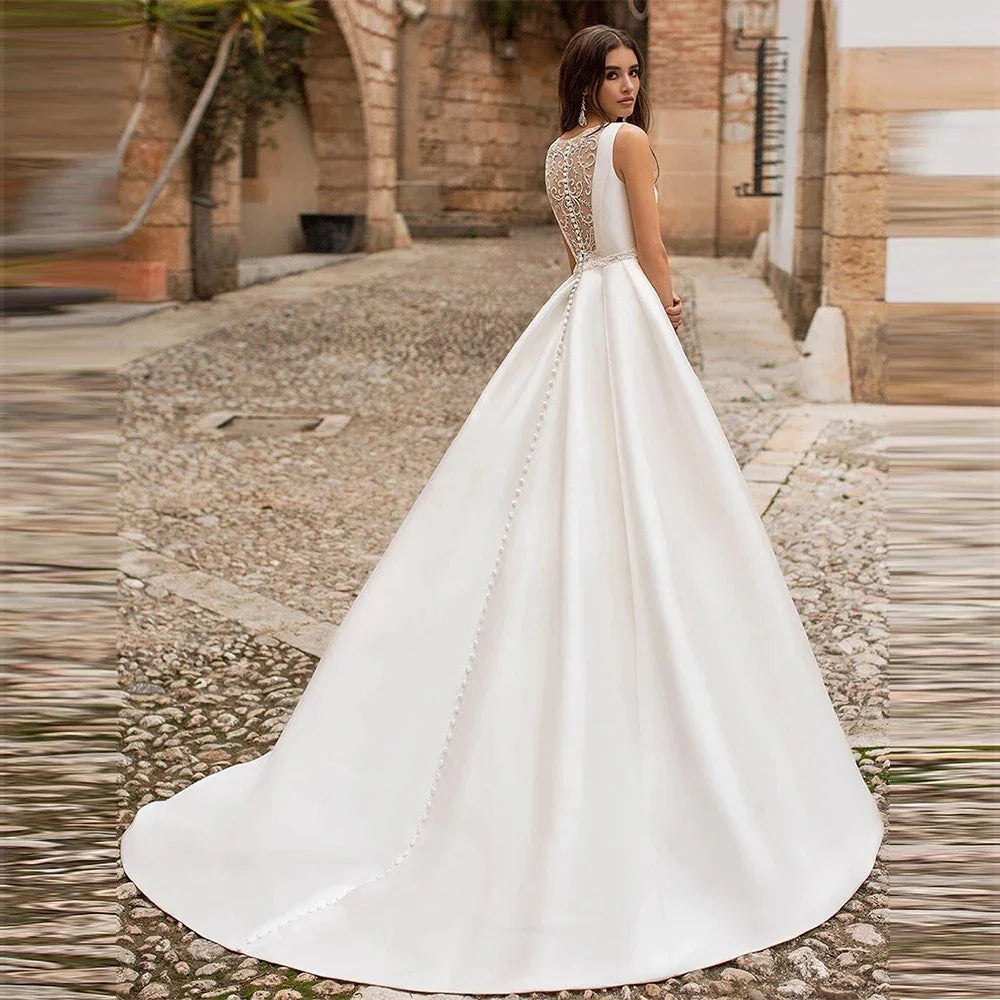 Satin Princess Wedding Dresses Scoop Neck Pockets Bride Gowns Buttons Country White Robe Plus Size 2023 Vestidos De Novia платье-payinti