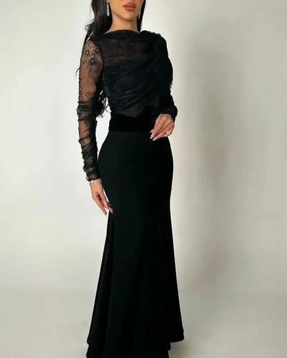 Saudi Arabia Black Women Evening Gowns Beads Floor Length Prom Dresses Long Sleeves Formal Wedding Cocktail Party Dress-payinti
