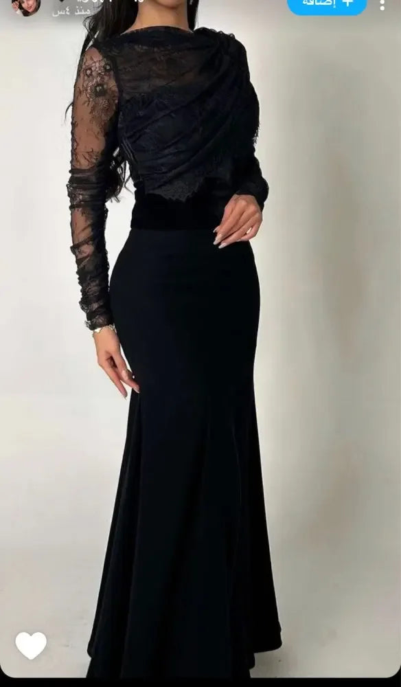 Saudi Arabia Black Women Evening Gowns Beads Floor Length Prom Dresses Long Sleeves Formal Wedding Cocktail Party Dress-payinti