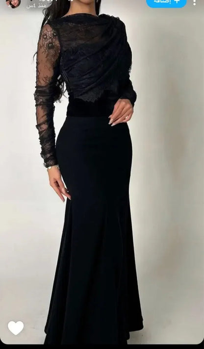 Saudi Arabia Black Women Evening Gowns Beads Floor Length Prom Dresses Long Sleeves Formal Wedding Cocktail Party Dress-payinti