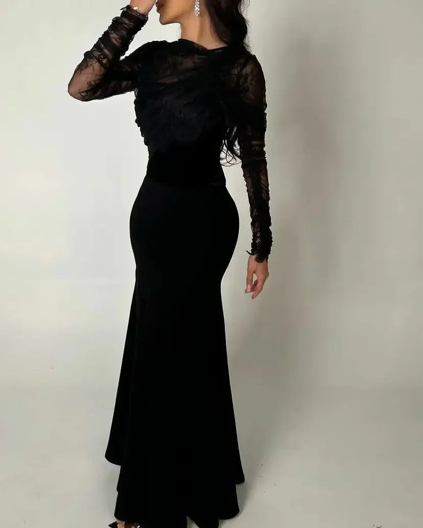 Saudi Arabia Black Women Evening Gowns Beads Floor Length Prom Dresses Long Sleeves Formal Wedding Cocktail Party Dress-payinti