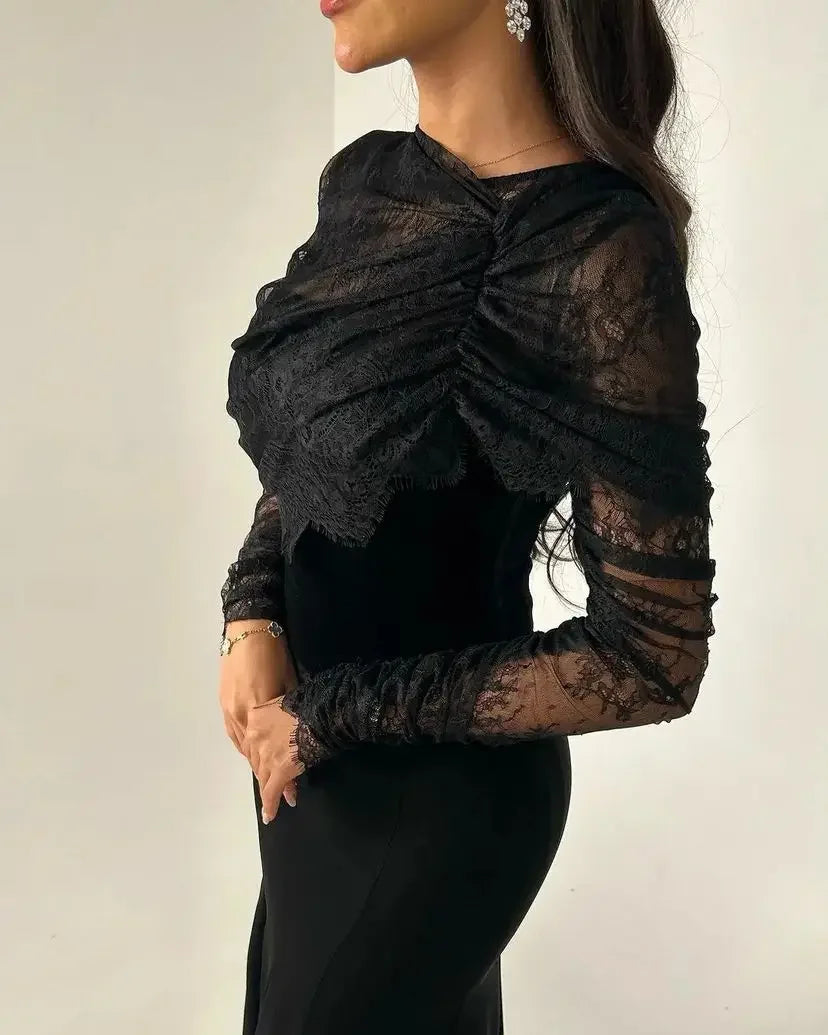 Saudi Arabia Black Women Evening Gowns Beads Floor Length Prom Dresses Long Sleeves Formal Wedding Cocktail Party Dress-payinti