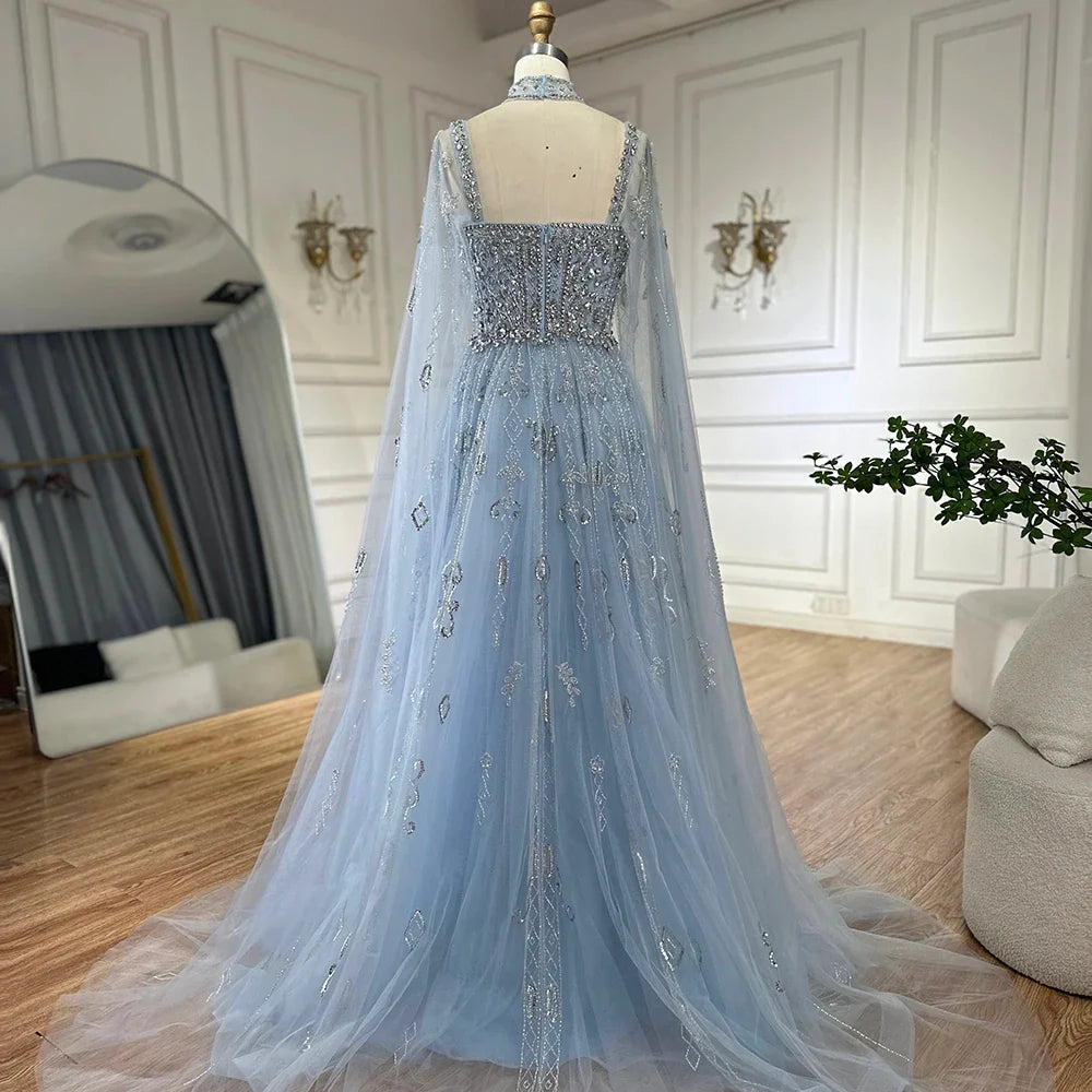 2025 Arabic Nude A Line Cape Sleeve Crystal Beaded Luxury Saudi Evening Dresses Gowns For Formal Occasion LA72764