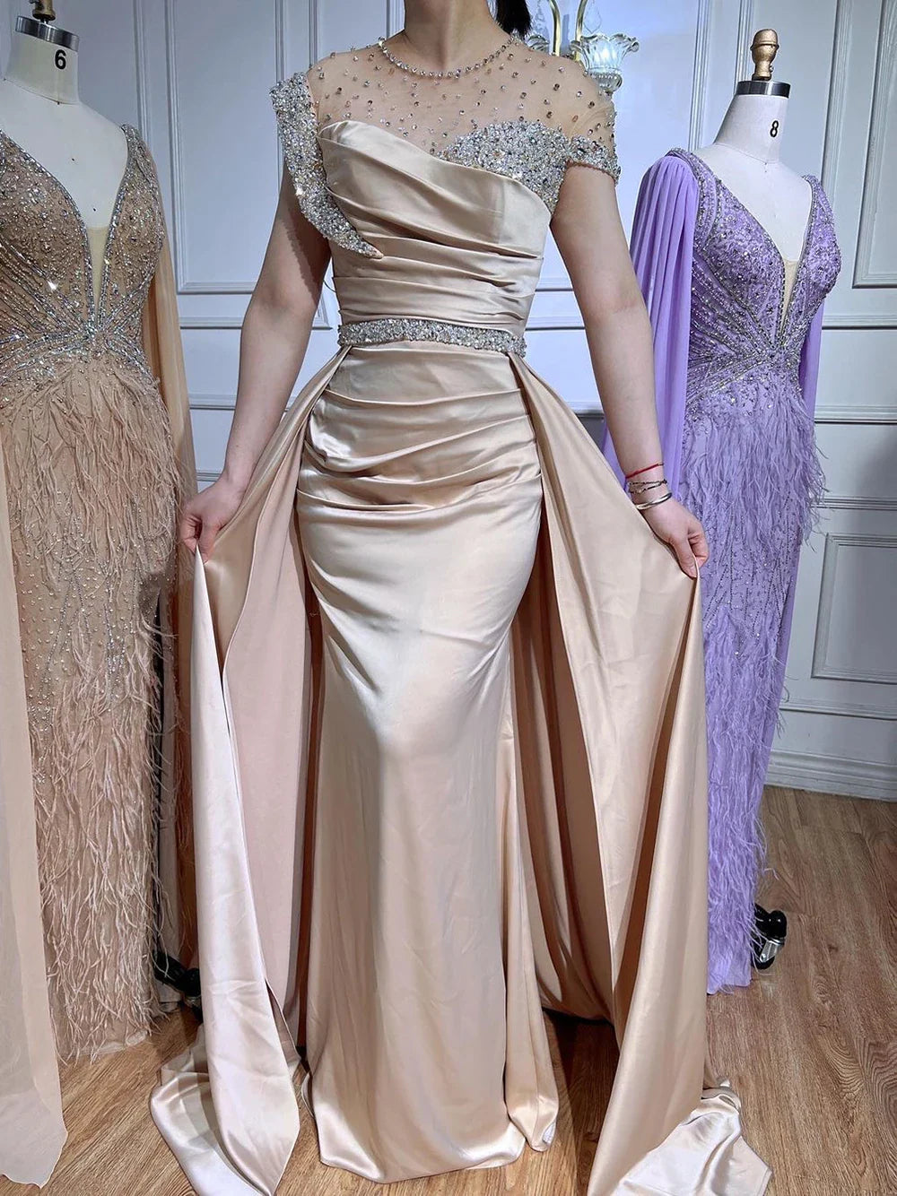 Elegante vestido de noche árabe de sirena color nude con sobrefalda de satén y cuentas, para mujer, 2025, para fiesta, LA71725 