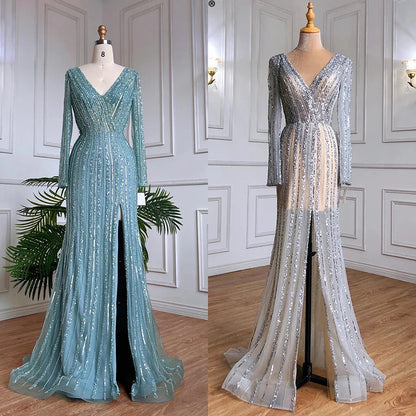 Silber Blau Meerjungfrau Split Abendkleider Kleider 2025 Perlen Elegante Luxus Für Frauen Party LA71392 