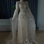 2025 Luxury Dubai Blue Cape Sleeves Alina Beaded Stone Arabic Evening Gowns for Women Wedding Party LA72635