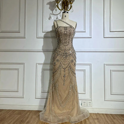 Elegante vestido de noche color piel, con un solo hombro y cuentas, para ocasiones formales 2025 LA72791 