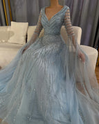 Vestido de noche largo elegante de corte A con cuentas, color caramelo árabe, con mangas estilo capa para ocasiones formales LA72750 