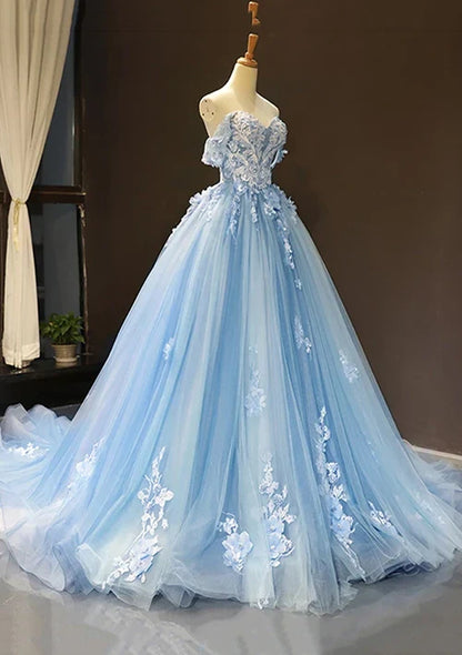 2025 Arabic Blue Ball Gown Off-the-Shoulder Tulle Prom Dress with Appliqués for Women's Party LA72679