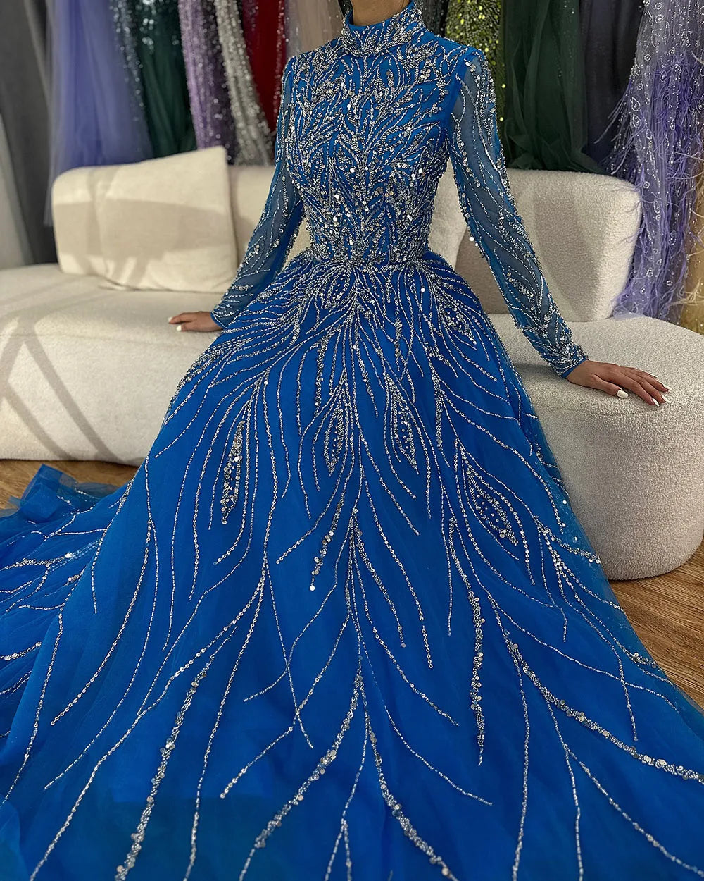 Elegante vestido de noche musulmán azul con cuentas y corte en A, de lujo, estilo Dubái, para mujer, para boda, fiesta, 2025, LA72302A 