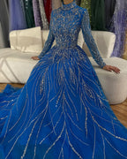 Elegante vestido de noche musulmán azul con cuentas y corte en A, de lujo, estilo Dubái, para mujer, para boda, fiesta, 2025, LA72302A 