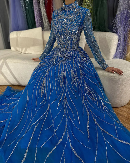 Muslim Elegant blue A Line Beaded Luxury Dubai Evening Dresses Gowns For Women Wedding Party 2025 LA72302A