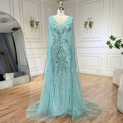 Luxuriöses Abendkleid im Meerjungfrauen-Stil aus Dubai mit Cape und V-Ausschnitt LA72239