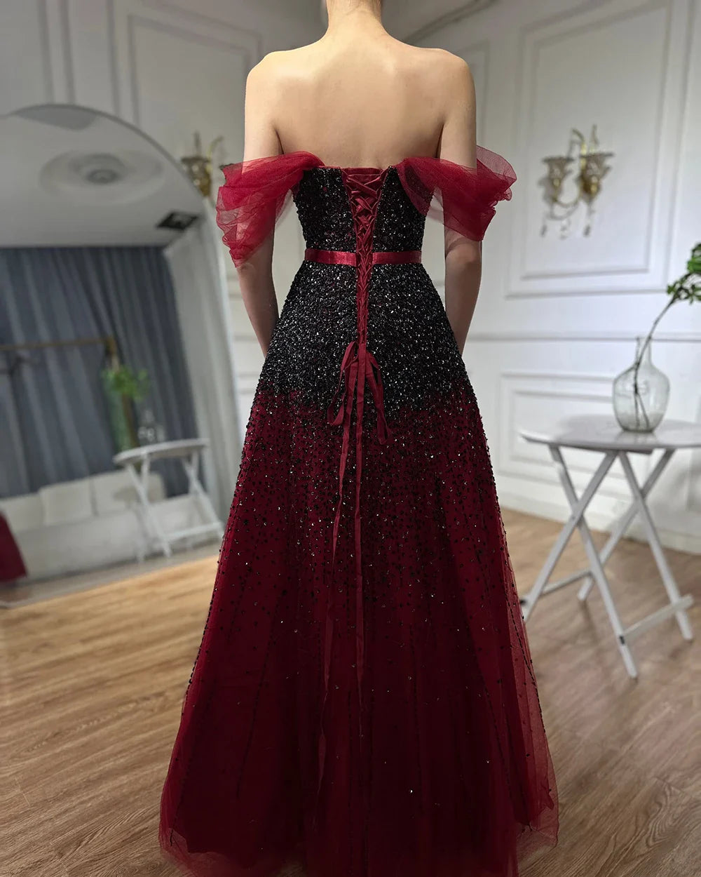 Vestidos de noche color vino tinto con cambio gradual, 2025, con cuentas brillantes, corte A, de lujo, para mujer, fiesta, LA71329 