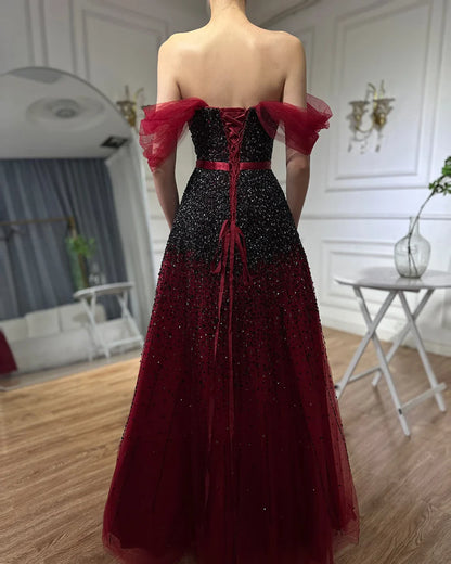 Vestidos de noche color vino tinto con cambio gradual, 2025, con cuentas brillantes, corte A, de lujo, para mujer, fiesta, LA71329 