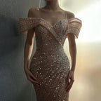 2025 Off The Shoulder Pink Mermaid Beaded Luxury Evening Dress with Side Split for Formal Occasion Saudi LA72481