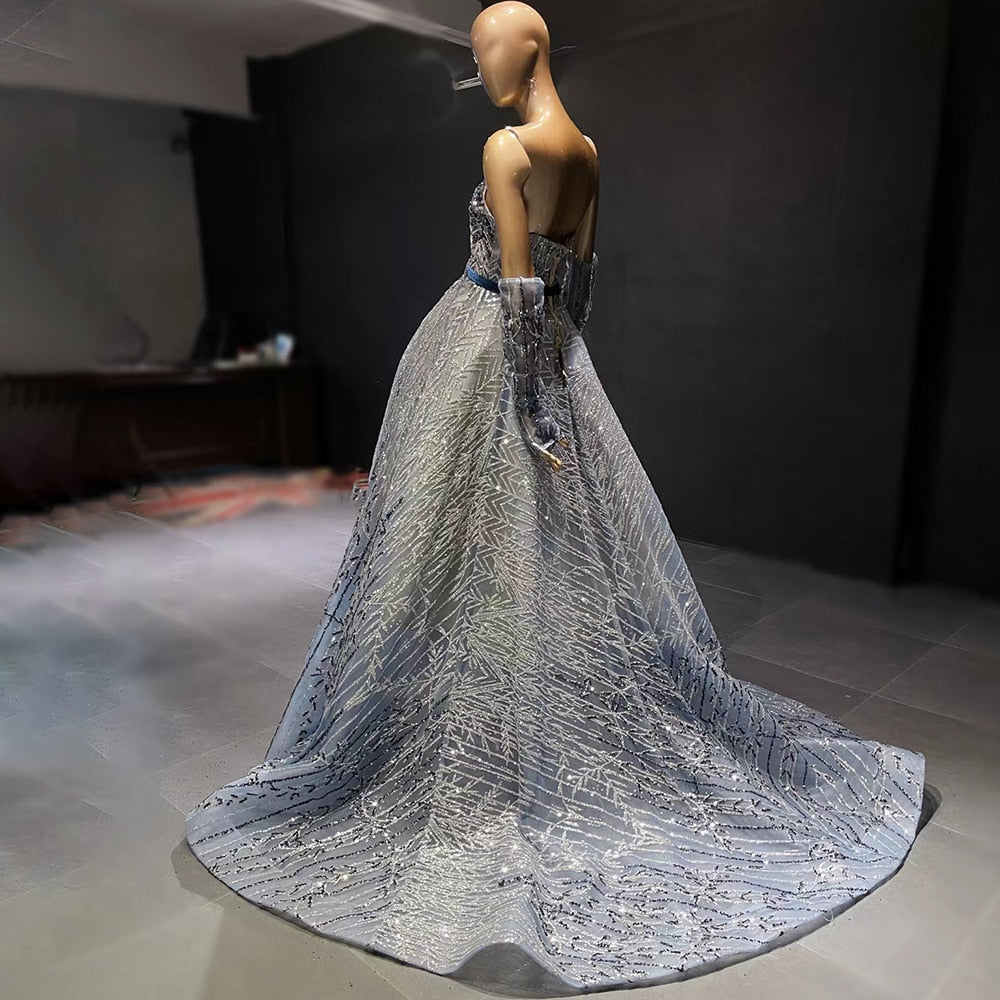Vestidos de noche de lujo con cuentas azules, mangas desmontables, corte A, para mujer, fiesta, LA71506 