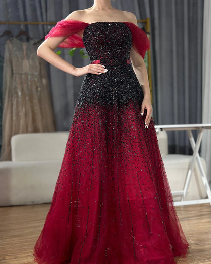 Vestidos de noche color vino tinto con cambio gradual, 2025, con cuentas brillantes, corte A, de lujo, para mujer, fiesta, LA71329 