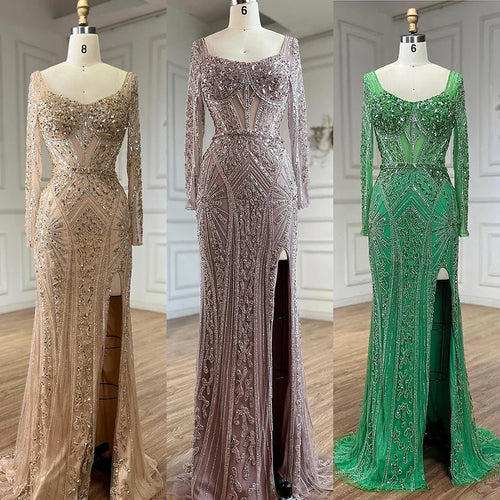 Vestidos de noche de lujo con cuentas para mujer, elegantes vestidos de noche de sirena con abertura verde, para bodas en Dubái, Arabia, LA72518 