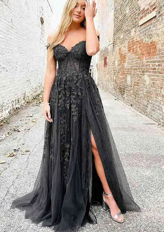 erene Hill 2025 Arabisches lila A-Linie Spaghettiträger Langes Spitzen-Ballkleid mit Schlitz LA72692 