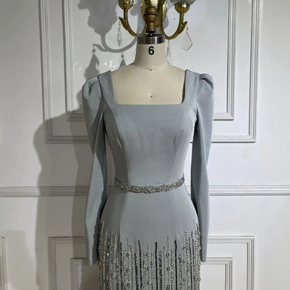 Elegante vestido de noche de satén con cuentas, estilo sirena, color gris árabe, largo hasta los tobillos, para mujer, fiesta 2025 LA72317 