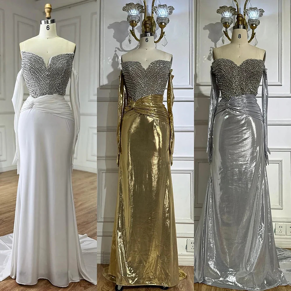 2025 Elegant White Arabic Strapless Evening Gown with Crystal Beaded Dress and Gloves for Formal Occasion LA72758