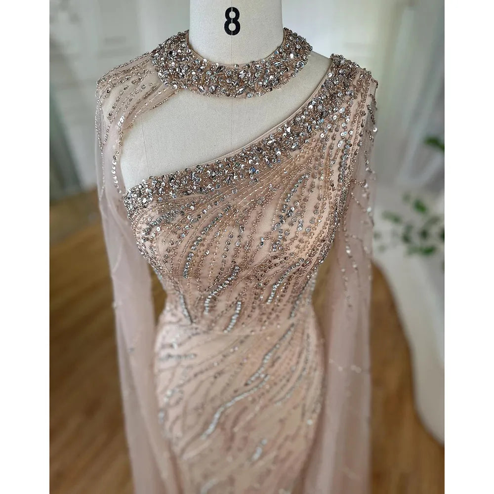 Vestido de noche elegante de sirena negra con mangas estilo capa y cuentas, de lujo, para mujer, estilo árabe, para fiesta, 2025, LA72112 