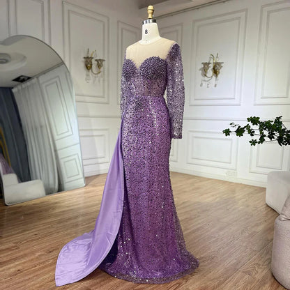 Elegante vestido de noche morado de sirena con sobrefalda y perlas de lujo para mujer, ideal para bodas y fiestas LA72429 
