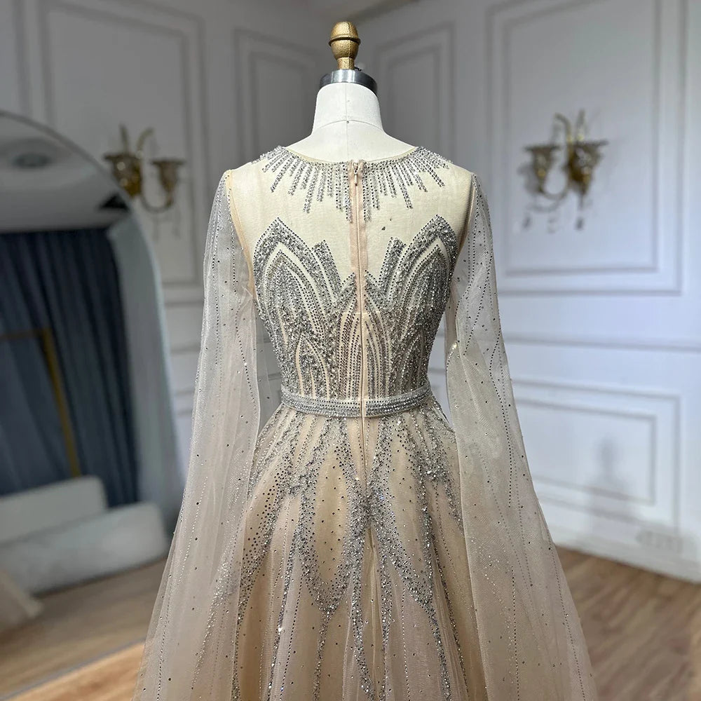 2025 Nude Blue Elegant A-Line Beaded Long Arabic Evening Dresses Gowns with Cape Sleeves for Formal Occasion LA72785