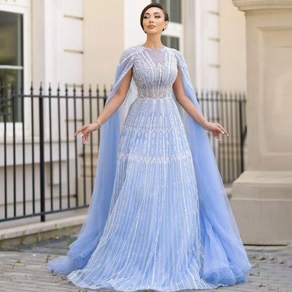 Luxuriöses blaues Abendkleid mit Cape-Ärmeln LA72666