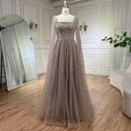 Muslim Caramel Beaded A-Line Luxury Evening Dress Gown with Cape Sleeves LA71803A
