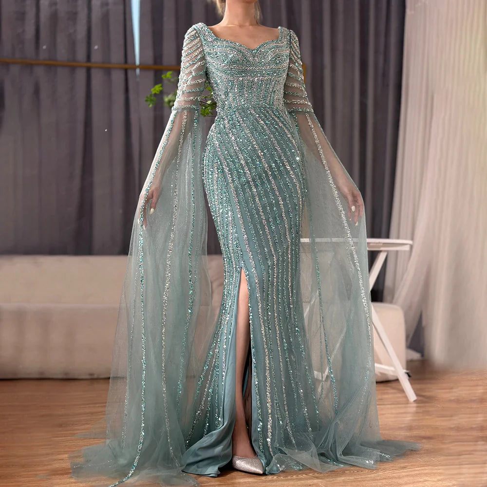 Vestido de noche azul de corte sirena con escote corazón y sobrefalda de cuentas - Vestidos de lujo para bodas de mujer 2025 LA72314 