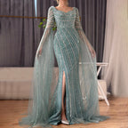 Vestido de noche azul de corte sirena con escote corazón y sobrefalda de cuentas - Vestidos de lujo para bodas de mujer 2025 LA72314 