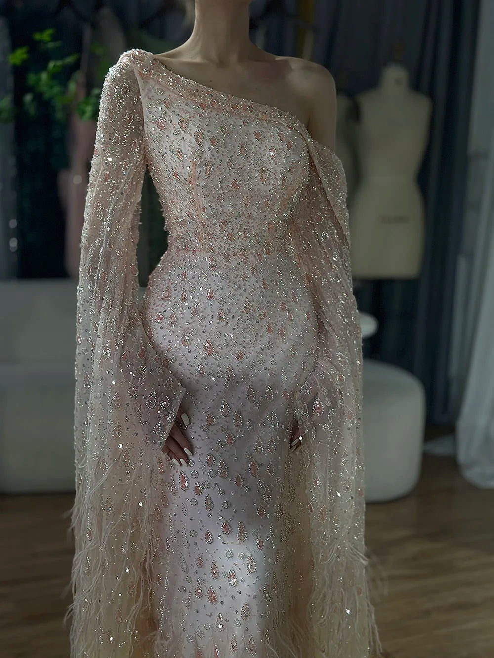 Luxury Feather One Shoulder Evening Dress with Cape Sleeves LA72763
