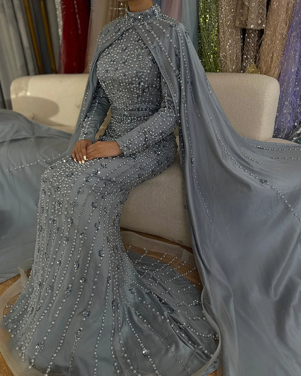 2025 Luxury Dubai Blue Muslim Mermaid Beaded Evening Gowns with Cape Sleeves for Women's Party LA72533