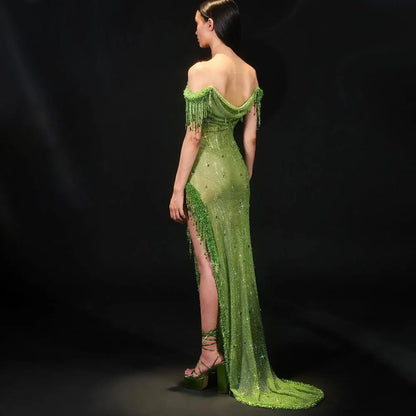 Vestido de noche árabe saudí con borlas de cristal verde, corte alto, para mujer, para fiesta de boda, 2025, LA72490 