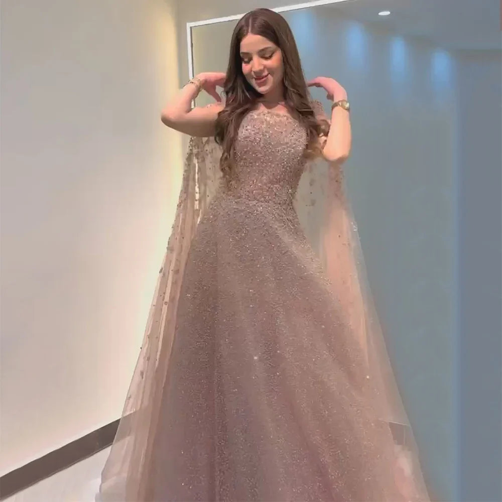2025 Saudi Arabic Turquoise Evening Gown with Beaded Dress and Elegant Hooded Cape for Formal Occasion LA72659A