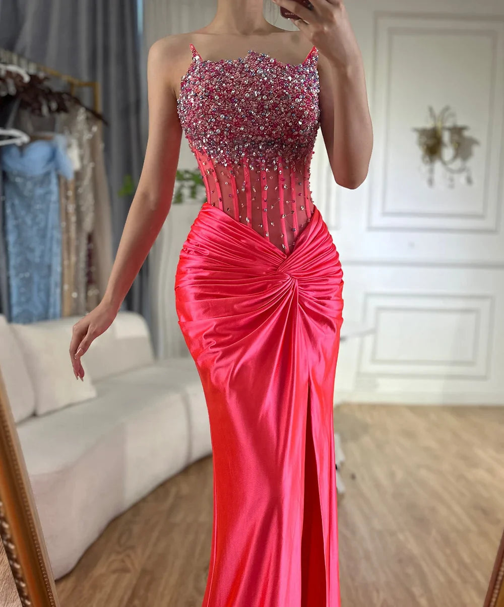 Vestido de noche de lujo estilo sirena, estilo árabe fucsia, sin tirantes, con abertura lateral y cuentas, para mujer, estilo Dubái, LA72671 