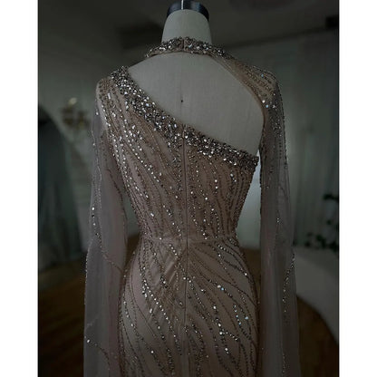 Vestido de noche elegante de sirena negra con mangas estilo capa y cuentas, de lujo, para mujer, estilo árabe, para fiesta, 2025, LA72112 