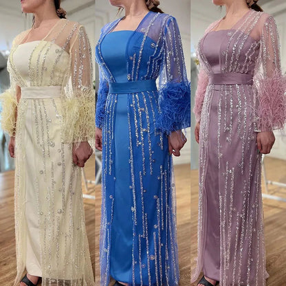 Vestido de noche marroquí con plumas y cuentas, corte A, color crema, con chaqueta, para fiesta, LA71759 