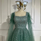 Arabic Blue A Line Feathers Cape Sleeves Beaded Luxury Saudi Evening Dresses Gowns for Formal Occasion 2025 LA71782A