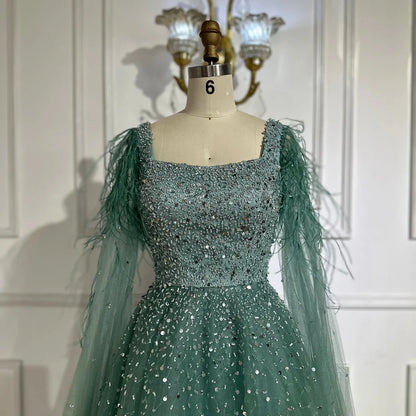 Vestidos de noche saudíes de lujo, corte A, azul árabe, con plumas, mangas capa y cuentas, para ocasiones formales 2025 LA71782A 