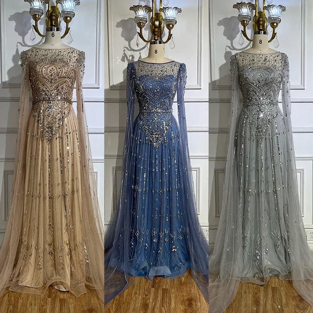 2025 Luxury Dubai Blue Cape Sleeves Alina Beaded Stone Arabic Evening Gowns for Women Wedding Party LA72635