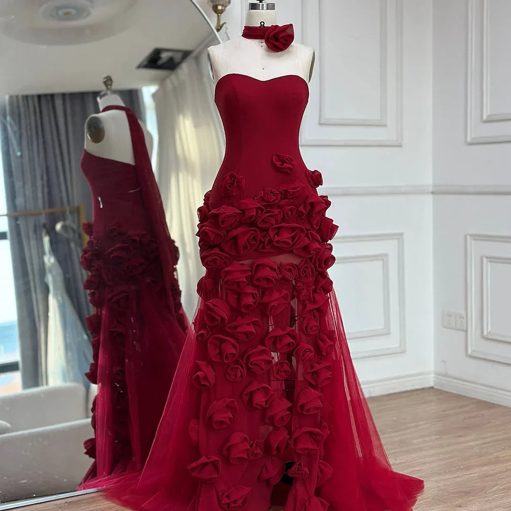 Elegantes Abendkleid für Mädchen, arabisch-rosa, 3D-Blumen, elegantes schulterfreies Kleid, seitlicher Schlitz, Abschlussball-Partykleider LA72568