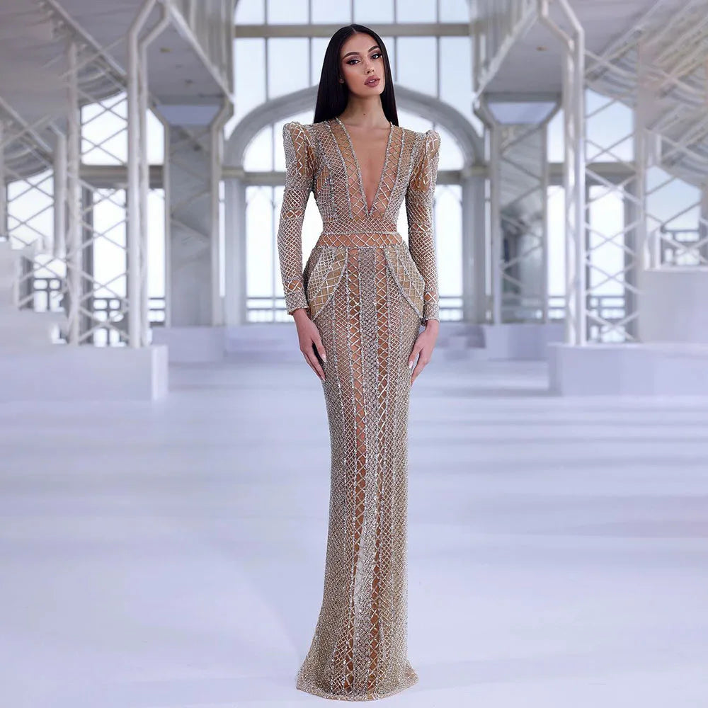 Vestidos de noche largos estilo sirena con encaje, ilusión, corte en beige y cuentas, para fiesta de bodas en Dubái, LA72343 