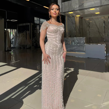 Vestido de noche elegante de sirena rosa con cuentas LA72787