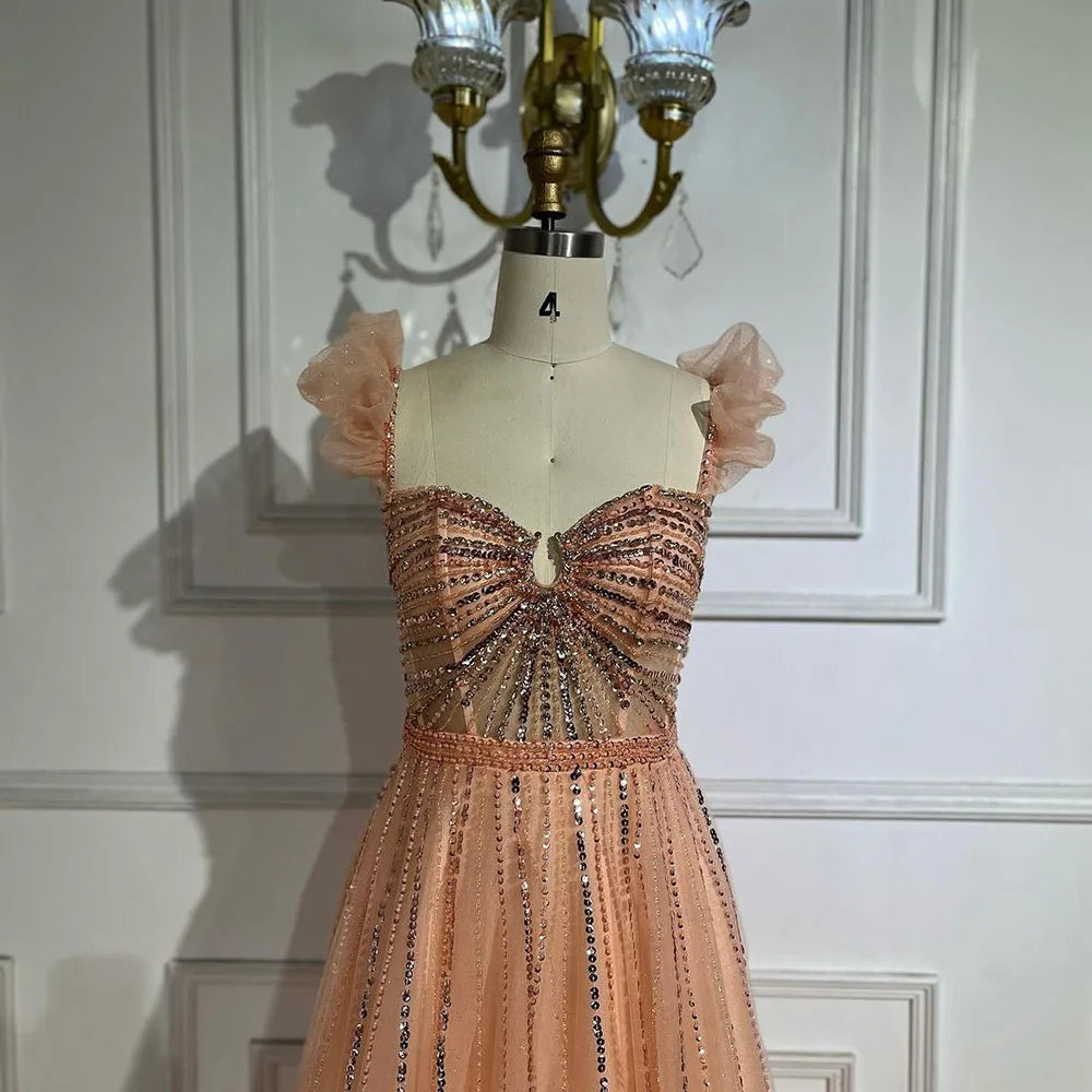 Vestido de noche árabe elegante con cuentas color melocotón, corte A, cuello barco, de lujo, para mujer, vestido largo de fiesta LA72324 