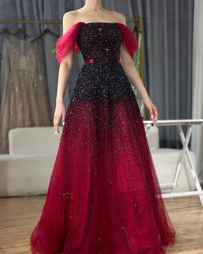 Vestidos de noche color vino tinto con cambio gradual, 2025, con cuentas brillantes, corte A, de lujo, para mujer, fiesta, LA71329 